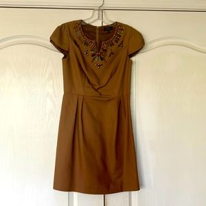 Brown Camille La Vie dress with metal and beaded neckline